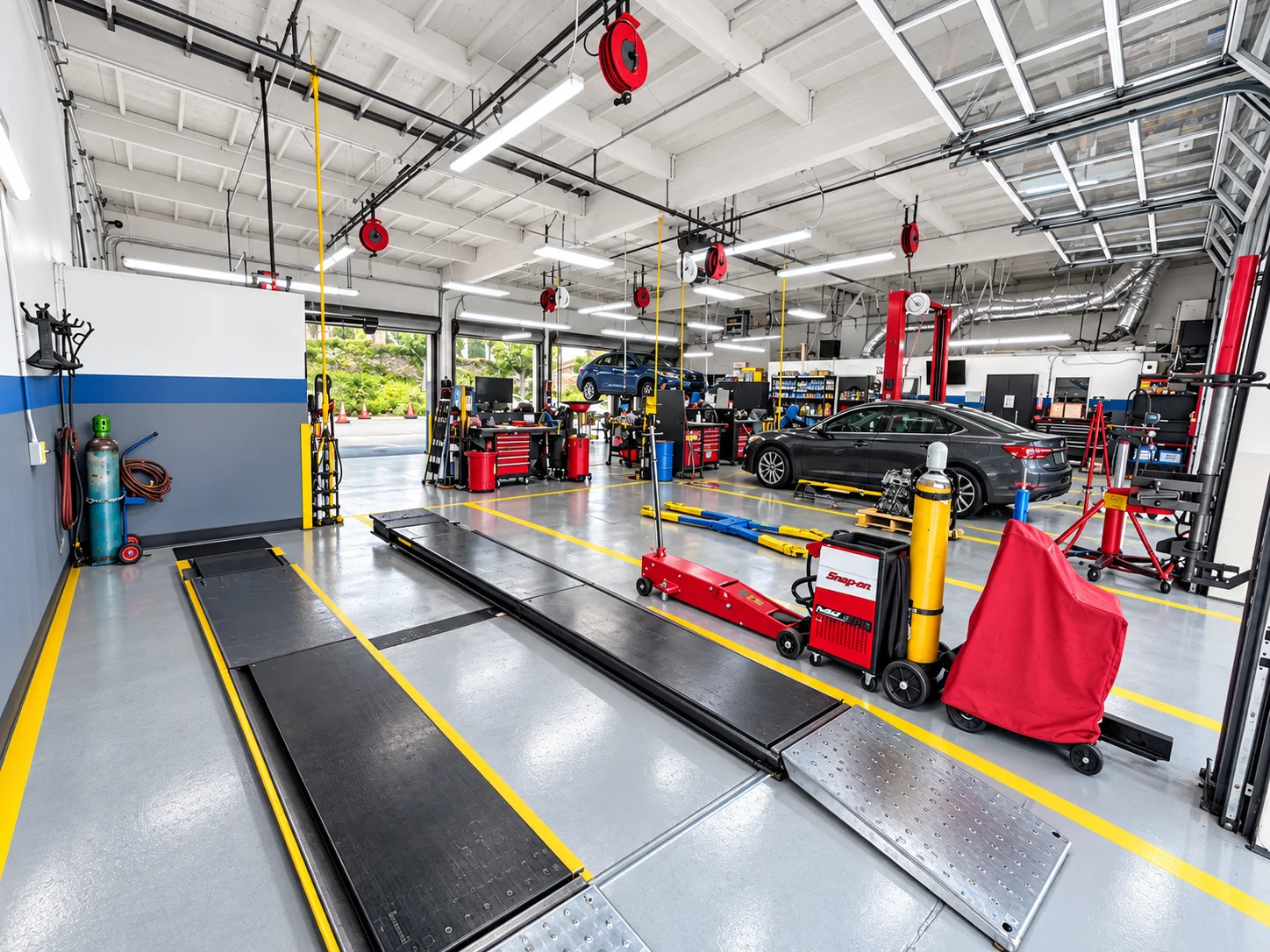 Clean service bay with alignment equipment