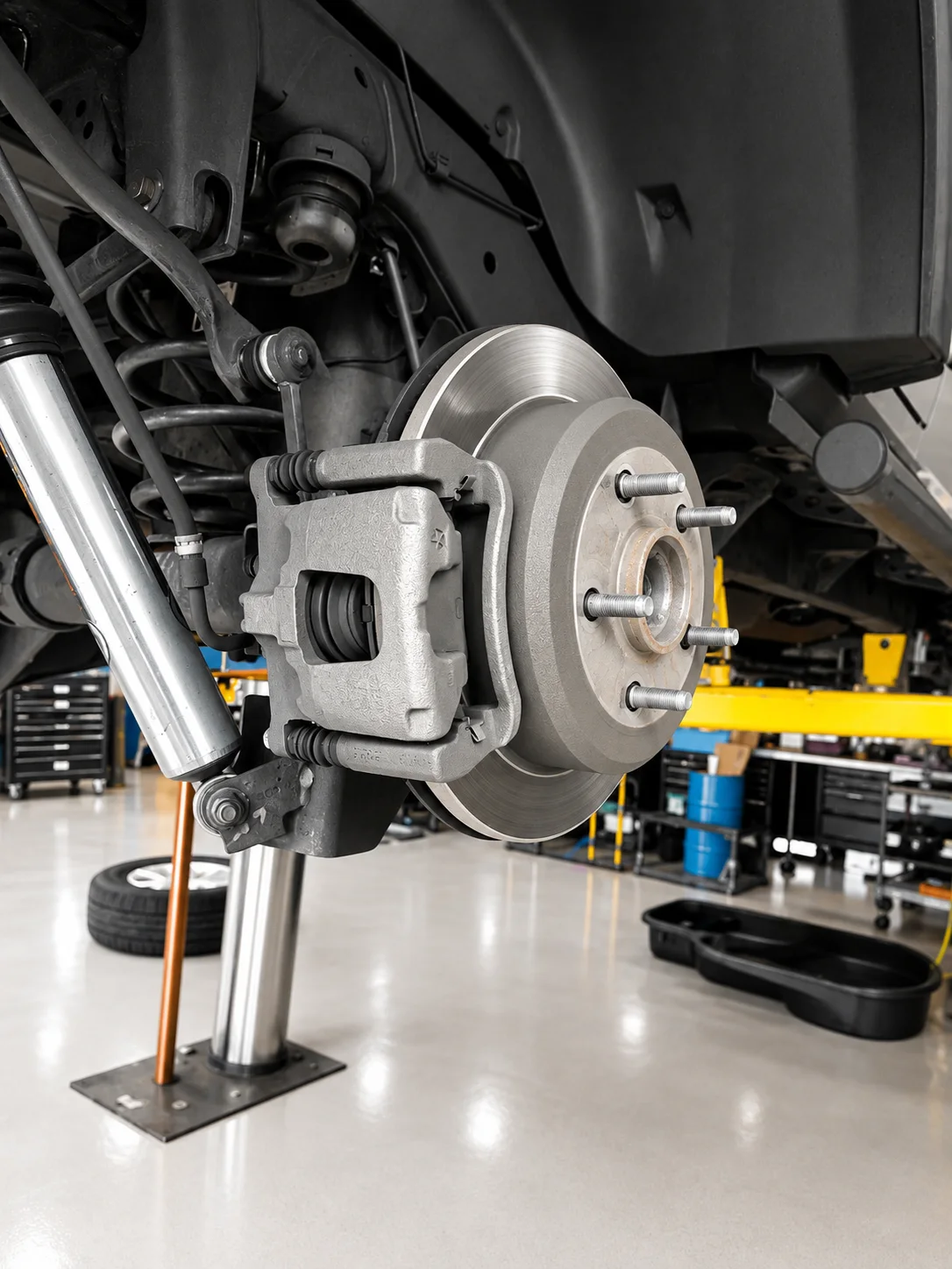 Brake rotor and caliper on a lifted vehicle in the service bay